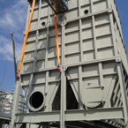 Twin Live Bottom Silos:
The silo is split into two 80m3 silos with a screw conveyor in the bottom of each section. Each section can be isolated by the means of a slidegate valve from the pump beneath for maintenance purposes.
The silo seen here is in the final stages or erection and was delivered in 6 sections to enable transportation.
